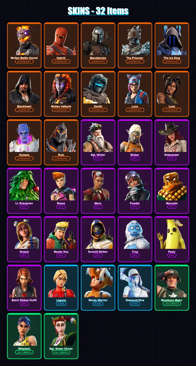 [PC/XBOX/PSN] | Molten Battle Hound | Hybrid | Mandalorian | The Prisoner | The Ice King | 32 skin | 27 pickaxe | 33 emote | 32 glider | Lv398