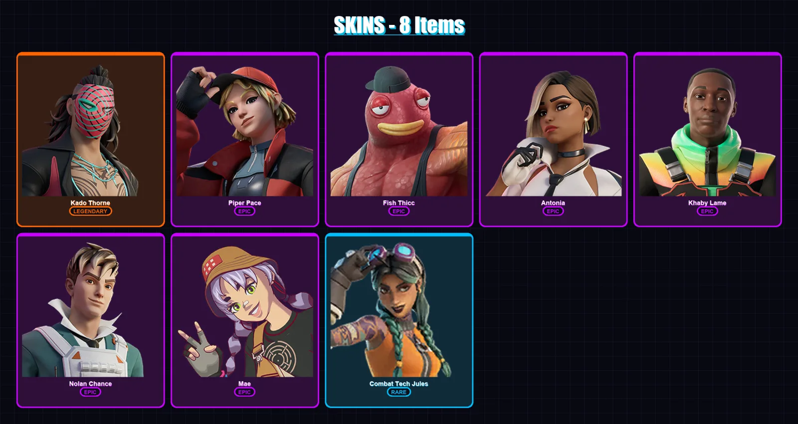 [PC/XBOX/PSN] | Kado Thorne | Piper Pace | Fish Thicc | Antonia | Khaby Lame | 8 skin | 14 pickaxe | 13 emote | 14 glider | Lv322
