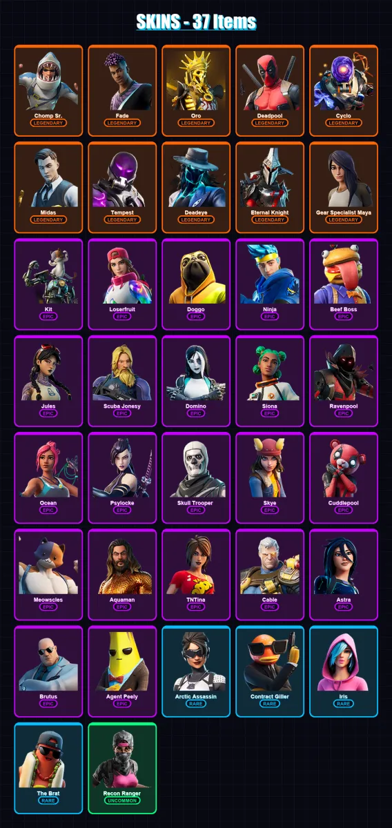 [PC/XBOX/PSN] | Chomp Sr. | Fade | Oro | Deadpool | Cyclo | 37 skin | 27 pickaxe | 44 emote | 26 glider | Lv534