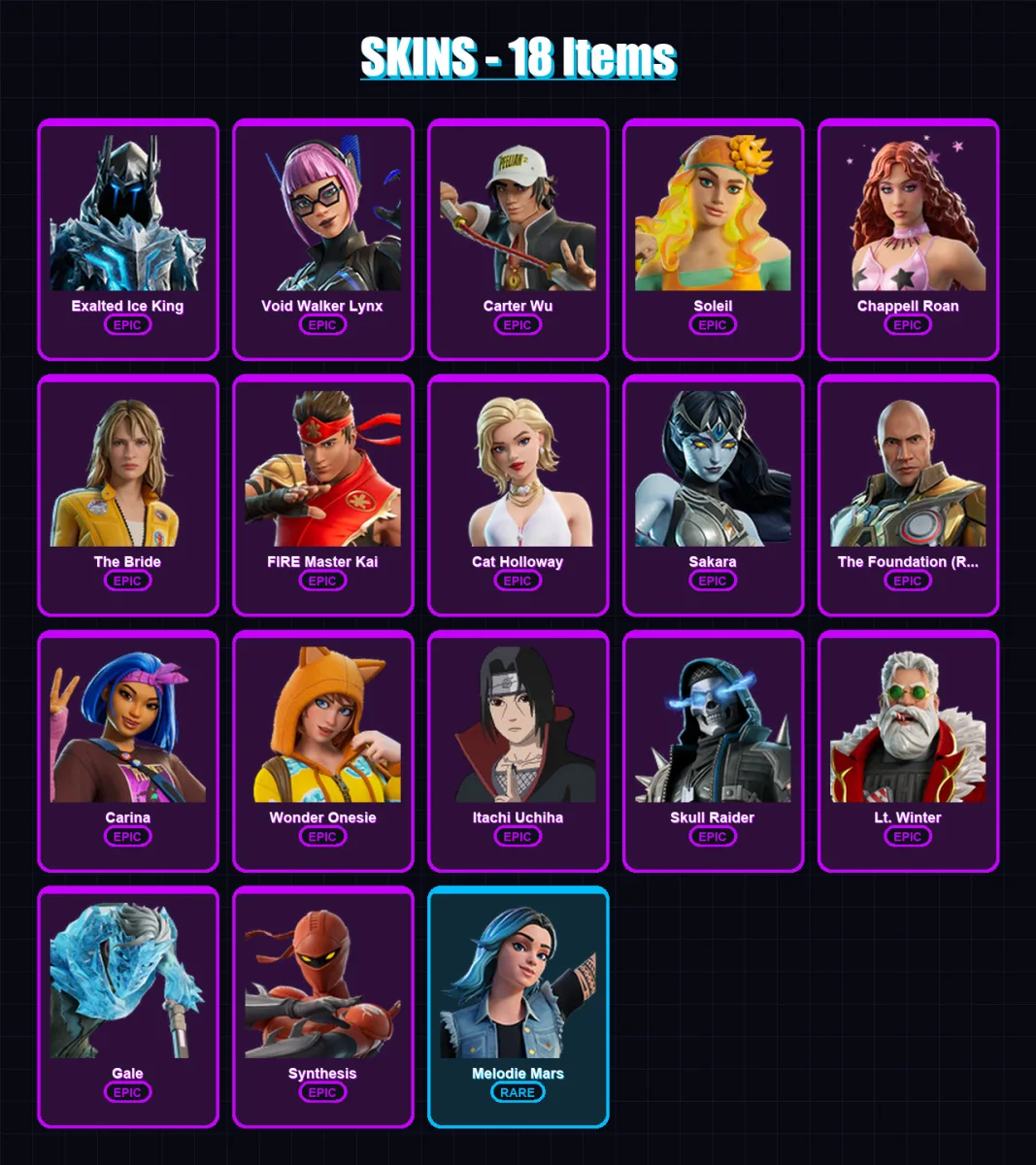 [PC/PSN] | Exalted Ice King | Void Walker Lynx | Carter Wu | Soleil | Chappell Roan | 18 skin | 27 pickaxe | 15 emote | 16 glider | Lv101