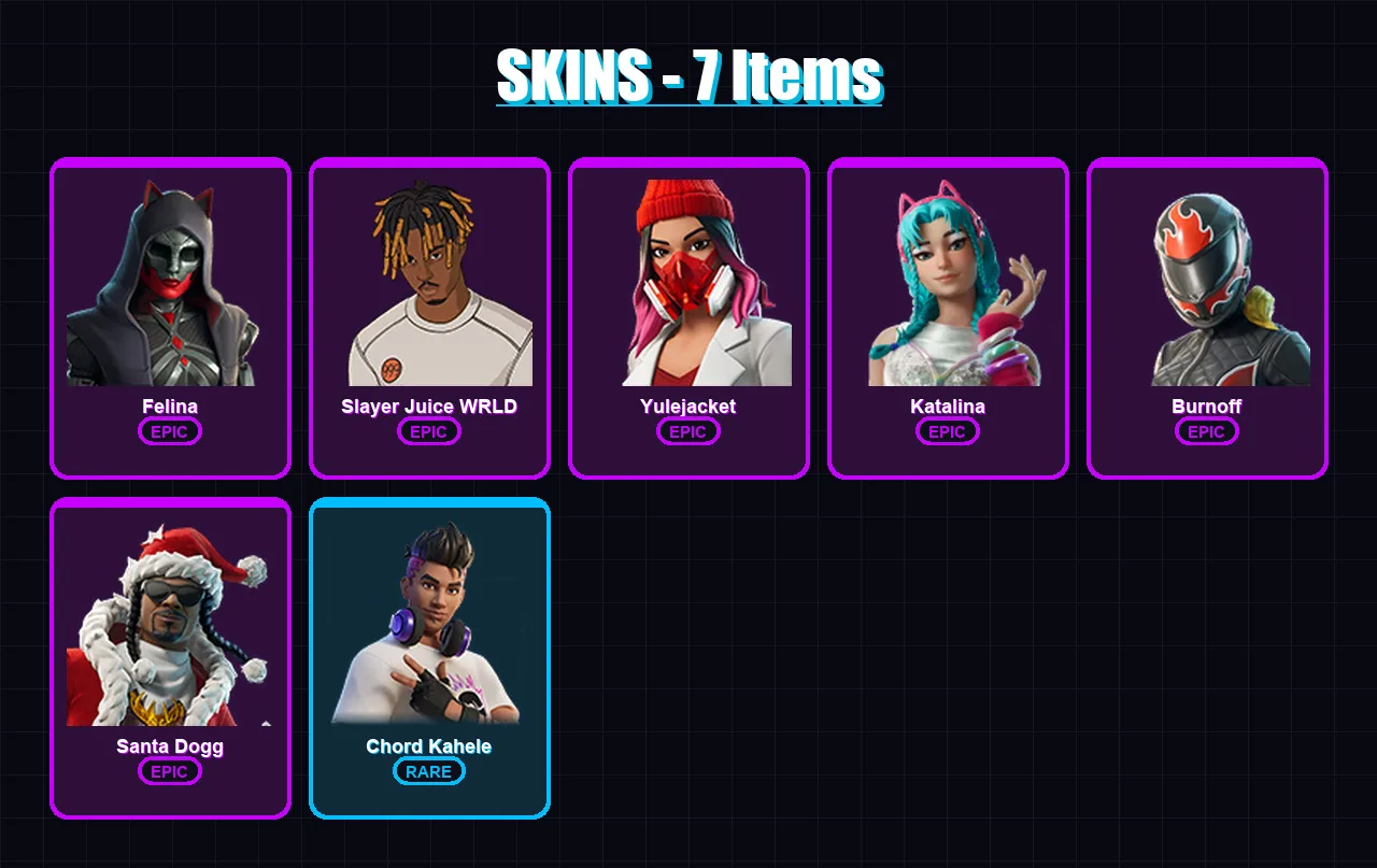 [PC/XBOX/PSN] | Felina | Slayer Juice WRLD | Yulejacket | Katalina | Burnoff | 7 skin | 31 pickaxe | 15 emote | 21 glider | Lv301