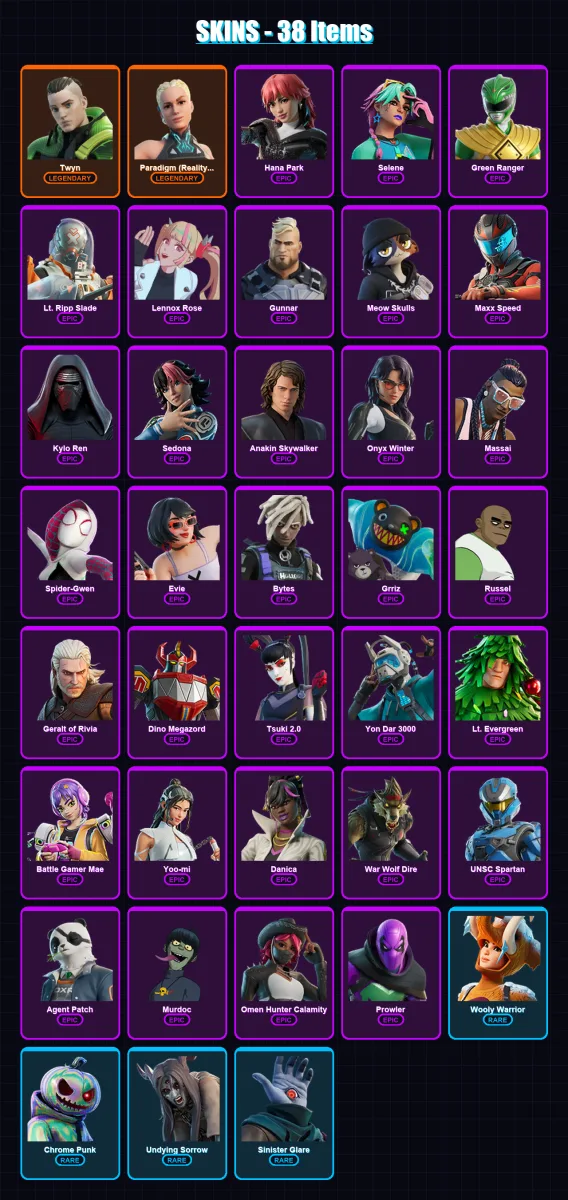[PC/XBOX/PSN] | Twyn | Paradigm (Reality-659) | Hana Park | Selene | Green Ranger | 38 skin | 55 pickaxe | 34 emote | 42 glider | Lv506