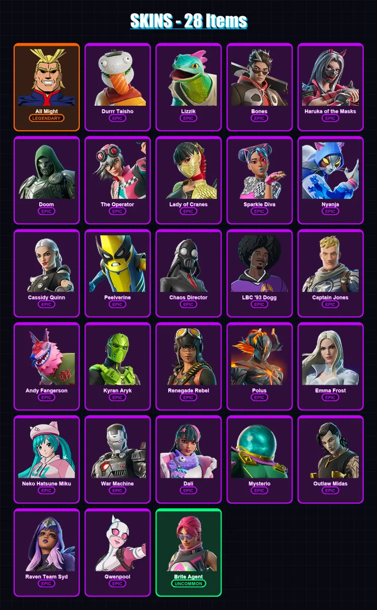 [PC/PSN] | All Might | Durrr Taisho | Lizzik | Bones | Haruka of the Masks | 28 skin | 25 pickaxe | 14 emote | 10 glider | Lv114 — Fortnite account