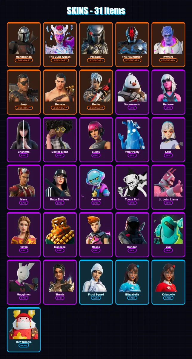 [PC/XBOX/PSN] | Mandalorian | The Cube Queen | Predator | The Foundation | Kymera | 31 skin | 40 pickaxe | 28 emote | 43 glider | Lv485