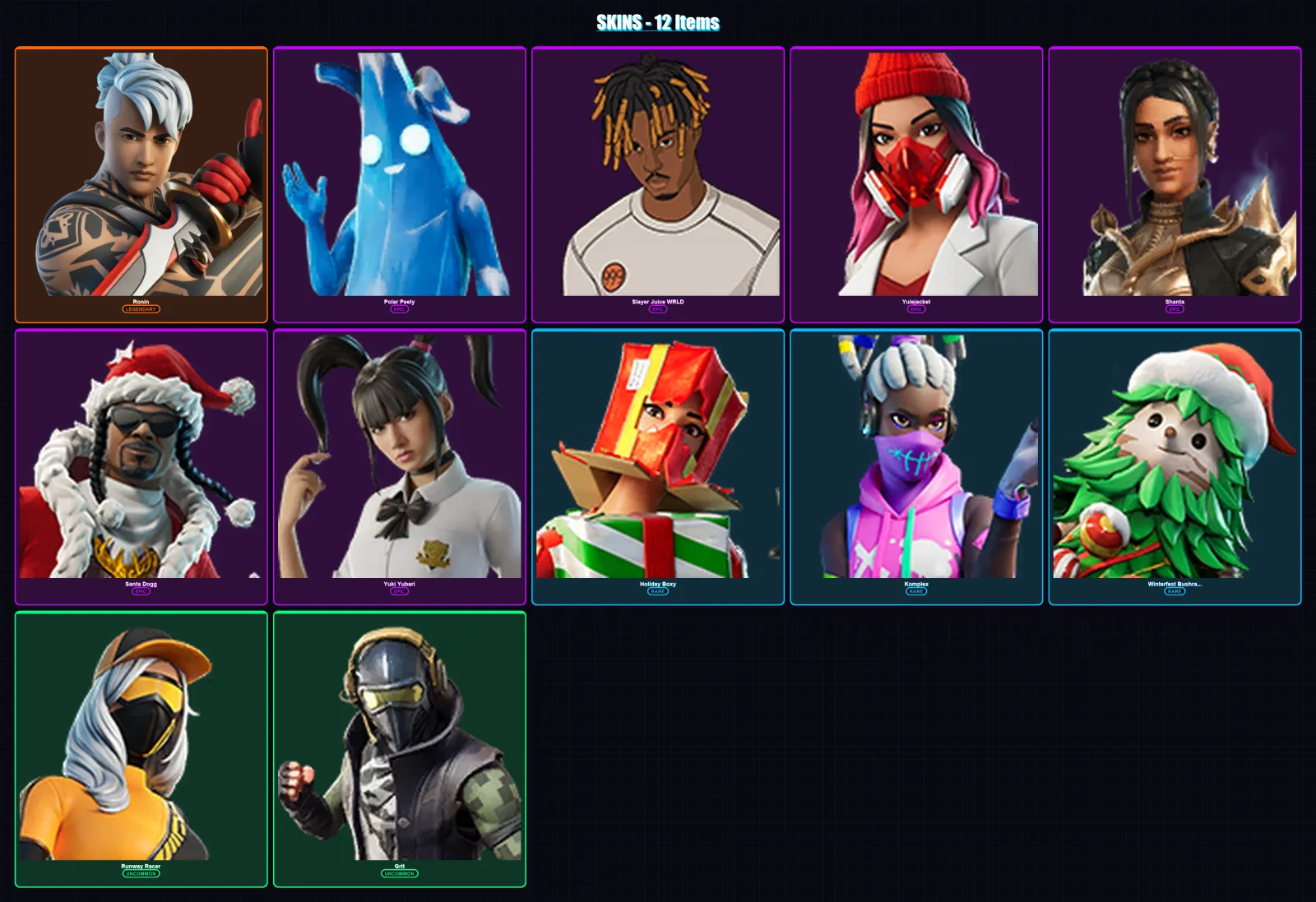 [PC/PSN] | Ronin | Polar Peely | Slayer Juice WRLD | Yulejacket | Shanta | 12 skin | 25 pickaxe | 26 emote | 31 glider | Lv394