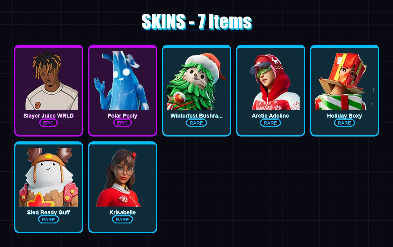 [PC/XBOX/PSN] | Slayer Juice WRLD | Polar Peely | Winterfest Bushranger | 7 skin | Lv116