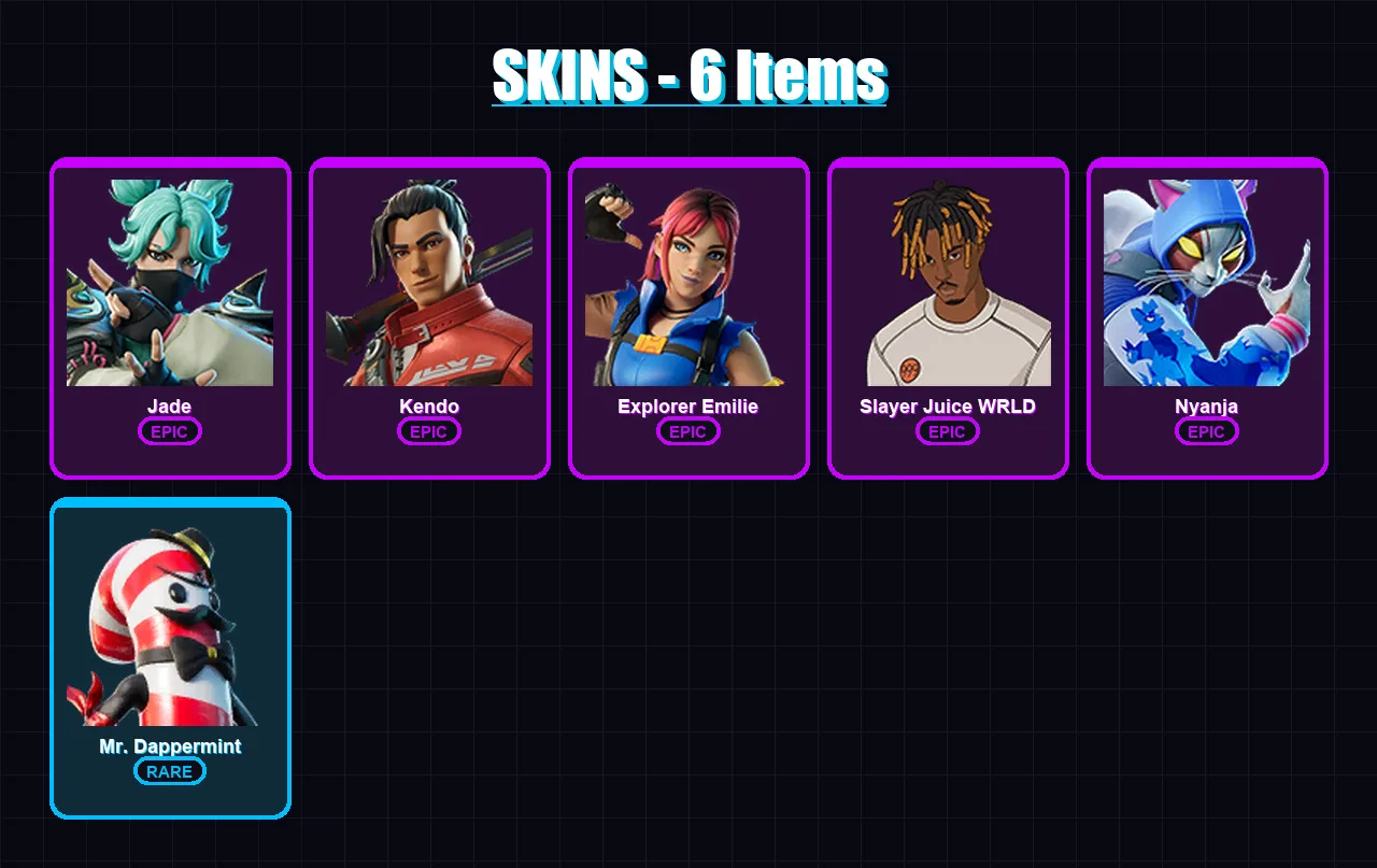 [SWITCH/XBOX/PSN/PC] | Jade | Kendo | Explorer Emilie | Slayer Juice WRLD | Nyanja | 6 skin | 8 pickaxe | 8 emote | 9 glider | Lv43