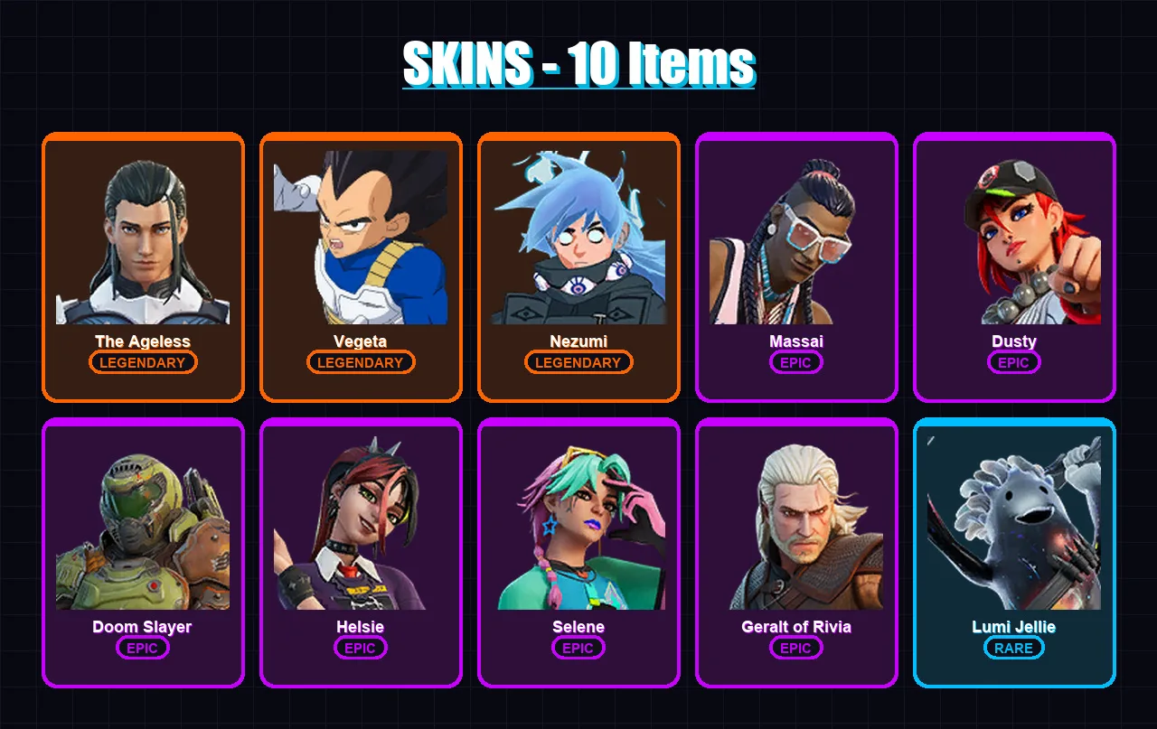 [PS4/PS5/XBOX/PC] | The Ageless | Vegeta | Nezumi | Massai | Dusty | 10 skin | 19 pickaxe | 12 emote | 20 glider | Lv270