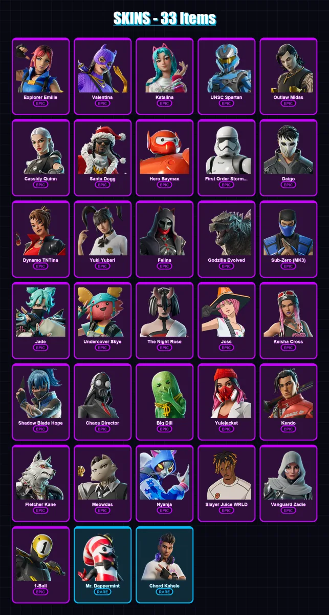[PC/PSN] | Explorer Emilie | Valentina | Katalina | UNSC Spartan | Outlaw Midas | 33 skin | 60 pickaxe | 33 emote | 43 glider | Lv490