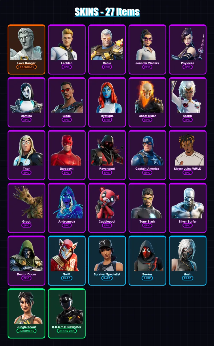 [PC/XBOX/PSN] | Love Ranger | Lachlan | Cable | Jennifer Walters | Psylocke | 27 skin | 51 pickaxe | 25 emote | 34 glider | Lv580