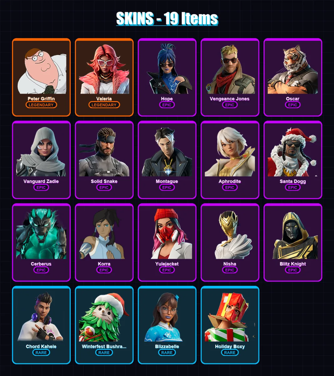 [PC/PSN] | Peter Griffin | Valeria | Hope | Vengeance Jones | Oscar | 19 skin | 76 pickaxe | 44 emote | 62 glider | Lv766