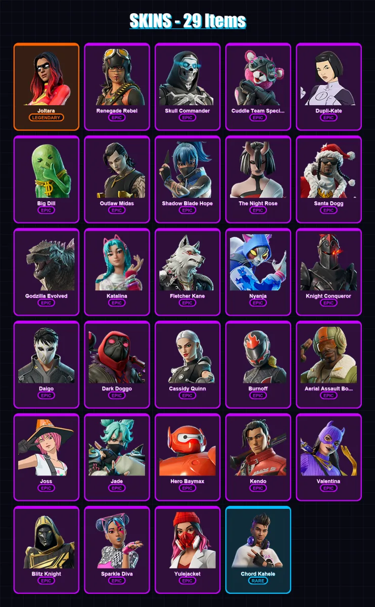 [PC/XBOX/PSN] | Joltara | Renegade Rebel | Skull Commander | Cuddle Team Specialist | Dupli-Kate | 29 skin | 45 pickaxe | 33 emote | 31 glider | Lv3 — Fortnite account