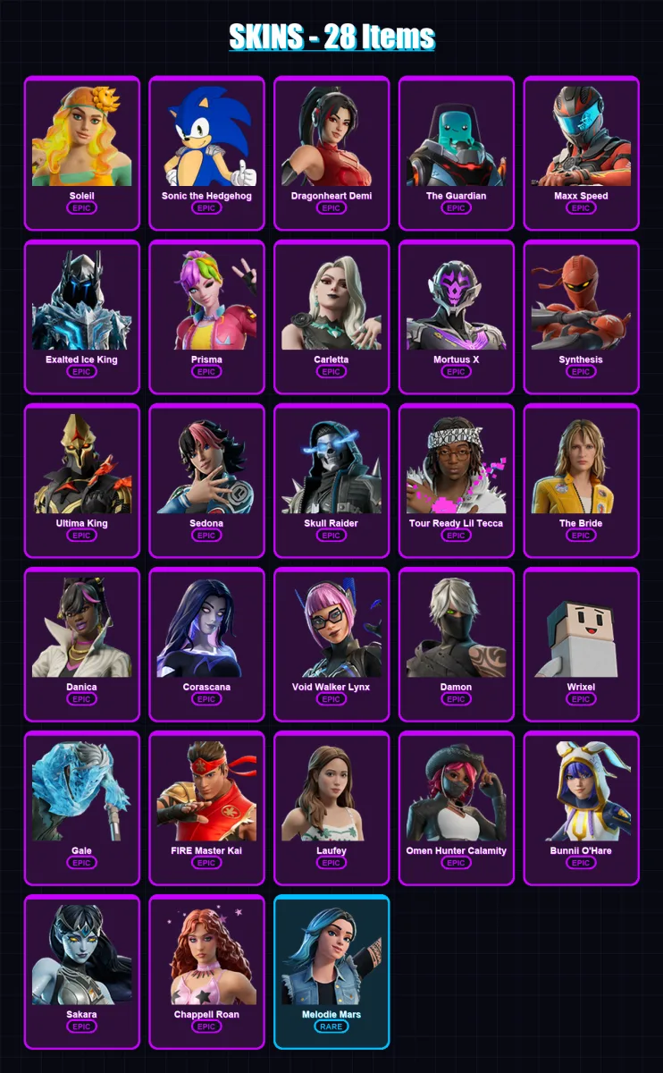 [PC/PSN] | Soleil | Sonic the Hedgehog | Dragonheart Demi | The Guardian | Maxx Speed | 28 skin | 14 pickaxe | 6 emote | 2 glider | Lv30