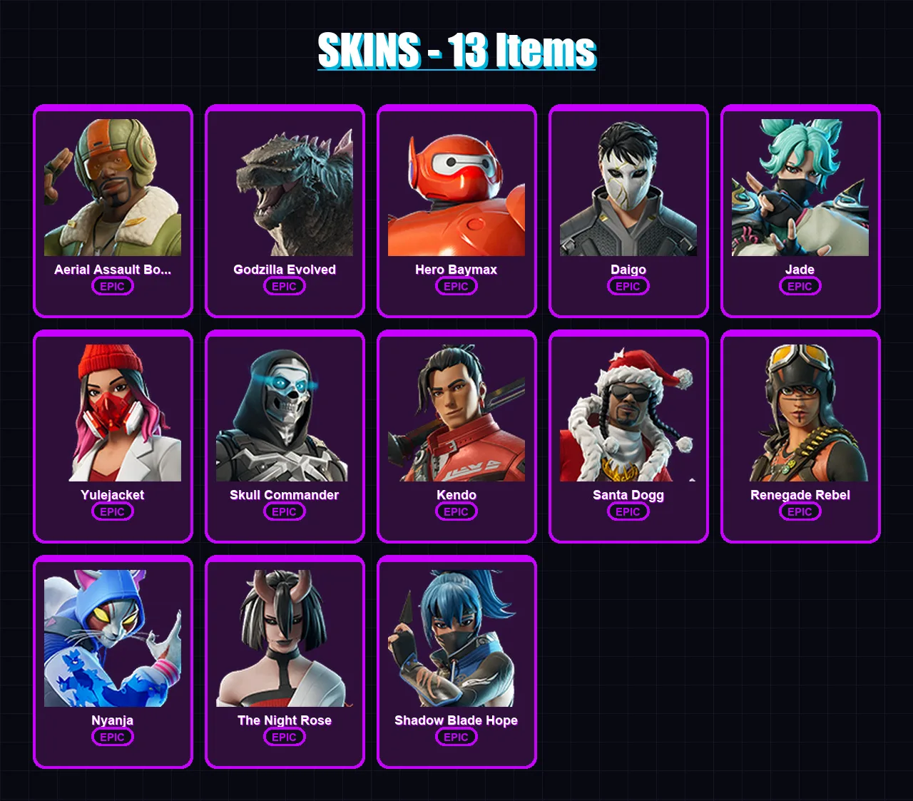 [PC/XBOX/PSN] | Aerial Assault Bomber | Godzilla Evolved | Hero Baymax | Daigo | Jade | 13 skin | 33 pickaxe | 18 emote | 20 glider | Lv272