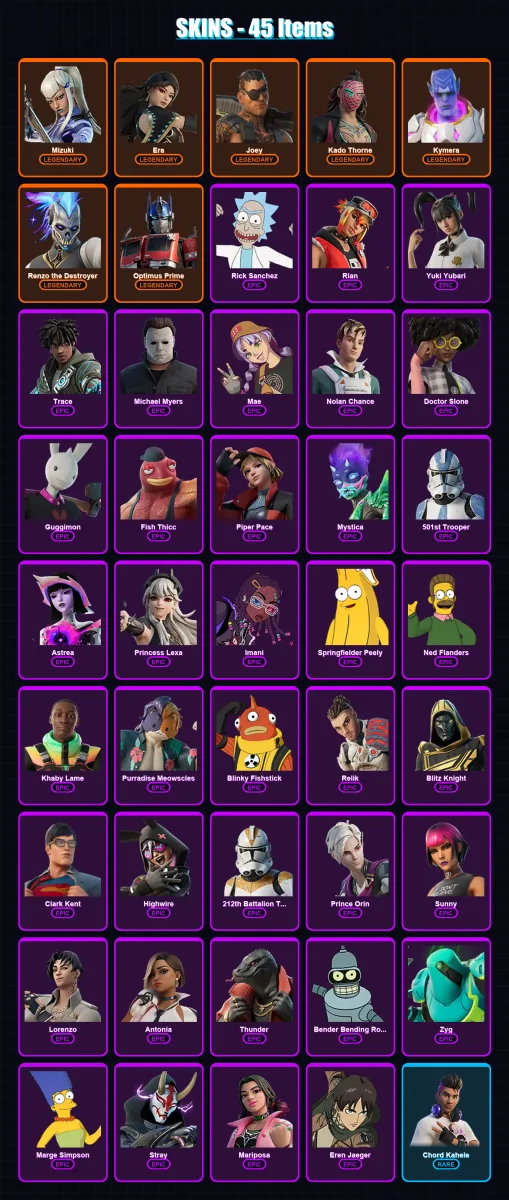 [SWITCH/XBOX/PC] | Mizuki | Era | Joey | Kado Thorne | Kymera | 45 skin | 81 pickaxe | 47 emote | 65 glider | Lv882