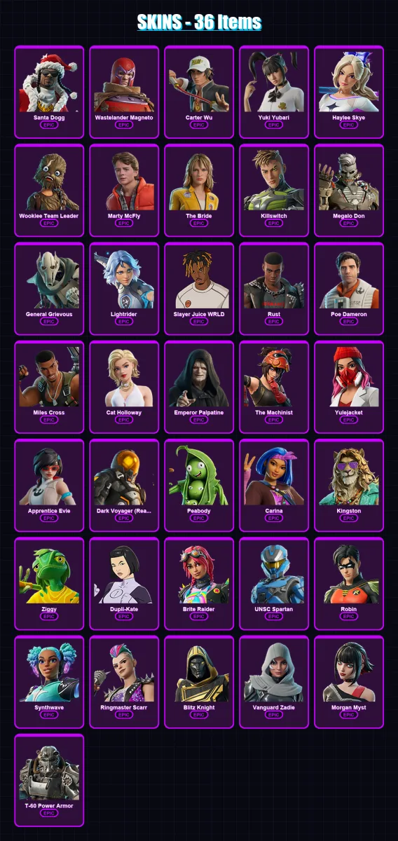 [PC/XBOX/PSN] | Santa Dogg | Wastelander Magneto | Carter Wu | Yuki Yubari | Haylee Skye | 36 skin | 99 pickaxe | 52 emote | 77 glider | Lv1006 — Fortnite account
