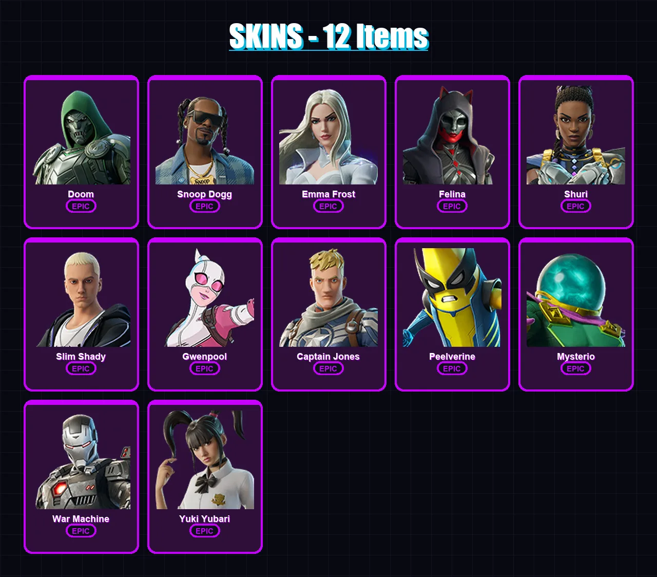 [PC/XBOX/PSN] | Doom | Snoop Dogg | Emma Frost | Felina | Shuri | 12 skin | 20 pickaxe | 18 emote | 14 glider | Lv307