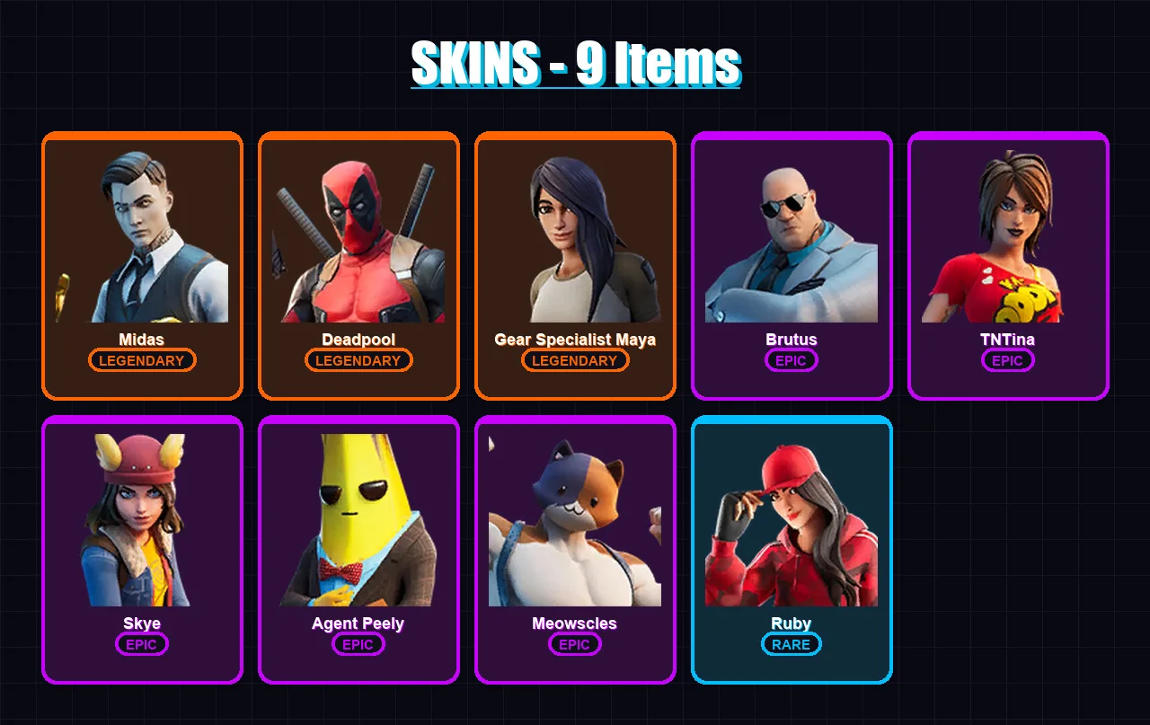 [SWITCH/XBOX/PSN/PC] | Midas | Deadpool | Gear Specialist Maya | Brutus | TNTina | 9 skin | 9 pickaxe | 13 emote | 11 glider | Lv208