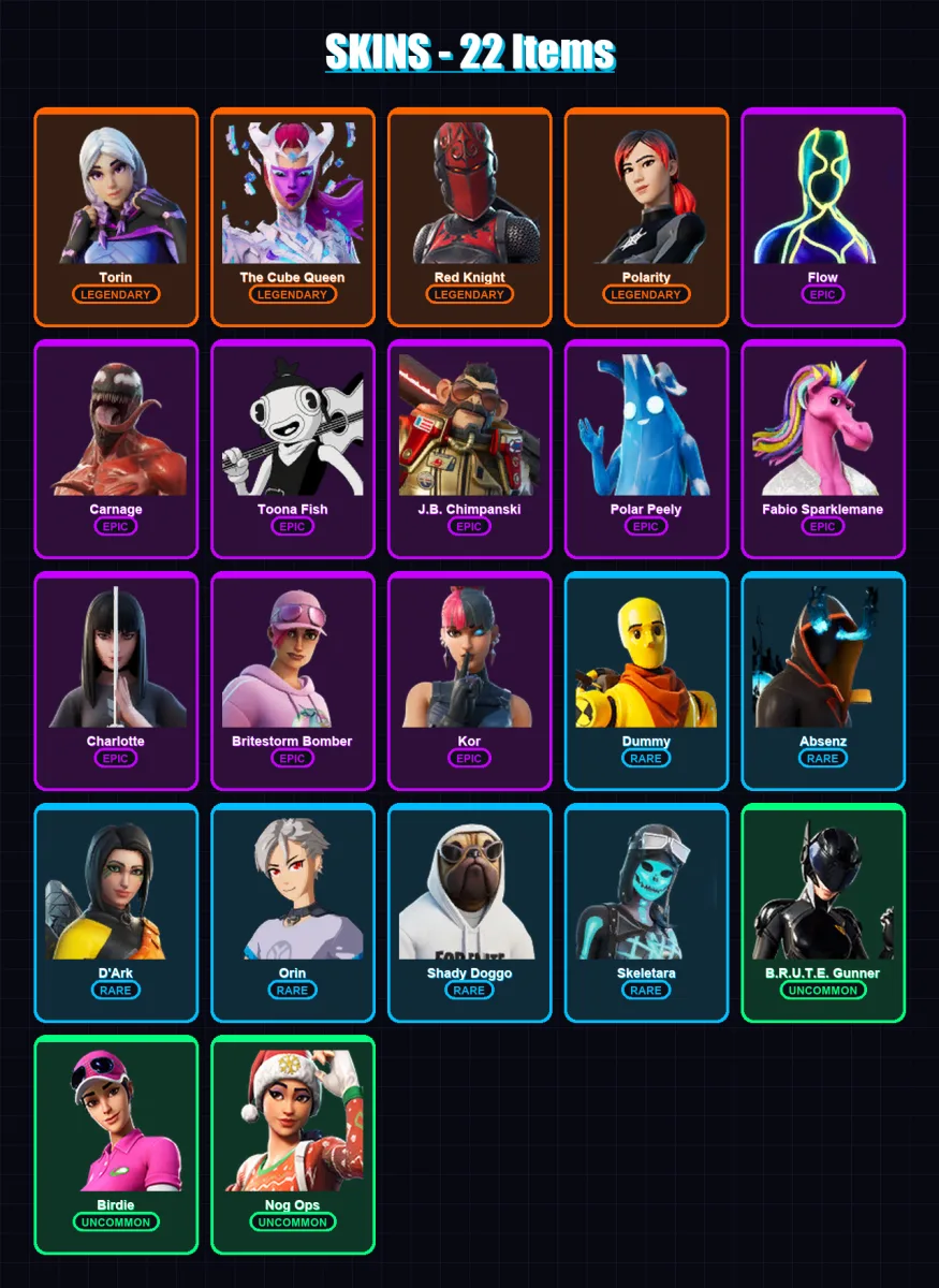 [PS4/PS5/XBOX/PC] | Torin | The Cube Queen | Red Knight | Polarity | Flow | 22 skin | 20 pickaxe | 24 emote | 19 glider | Lv642