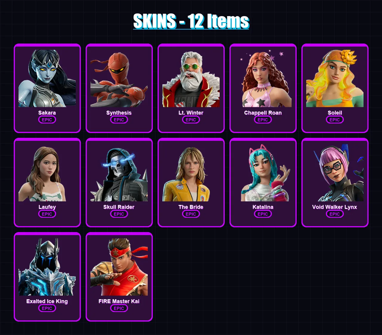 [PC/PSN] | Sakara | Synthesis | Lt. Winter | Chappell Roan | Soleil | 12 skin | 14 pickaxe | 7 emote | 5 glider | Lv73