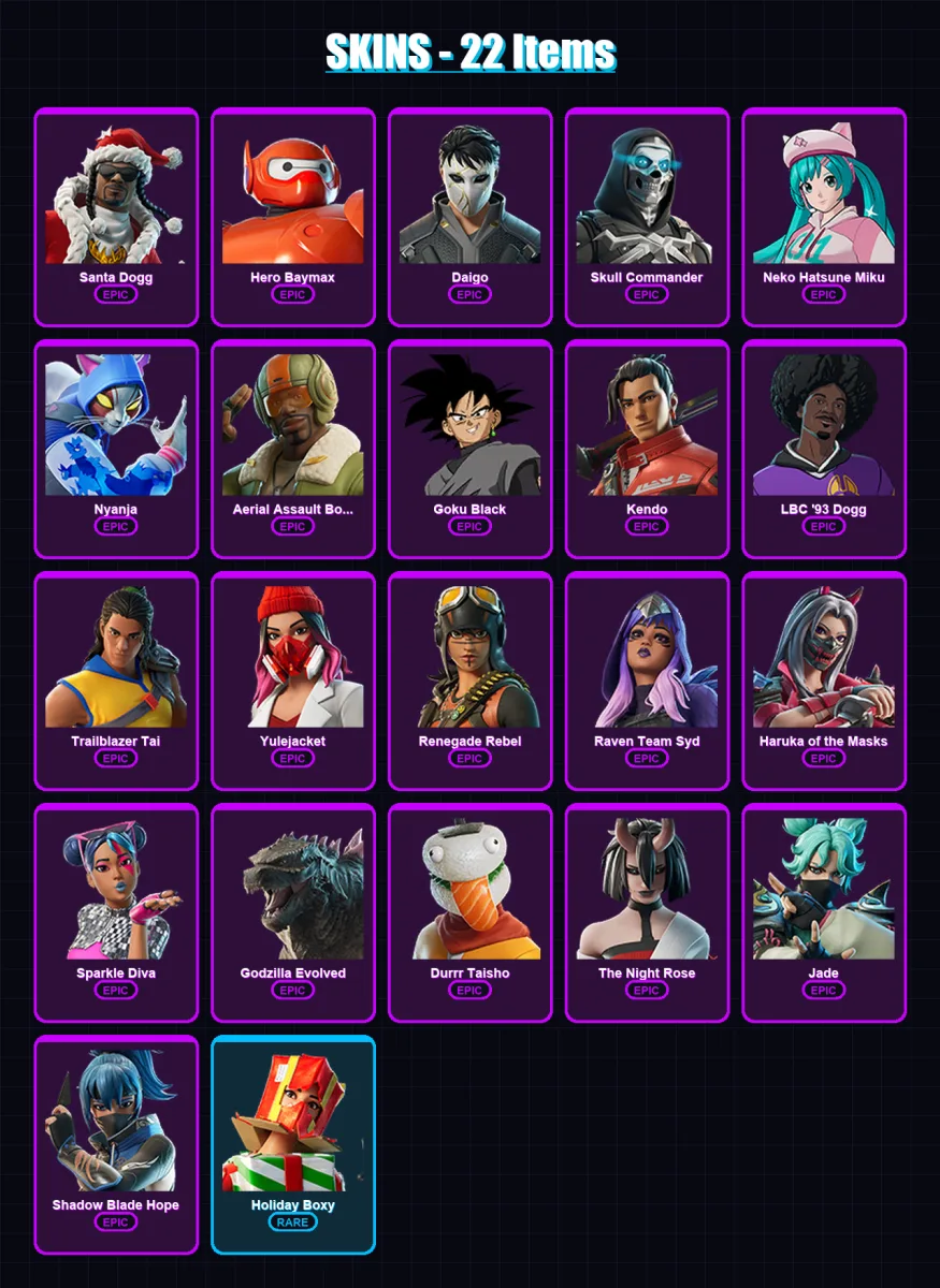 [SWITCH/XBOX/PSN/PC] | Santa Dogg | Hero Baymax | Daigo | Skull Commander | Neko Hatsune Miku | 22 skin | 37 pickaxe | 19 emote | 28 glider | Lv183