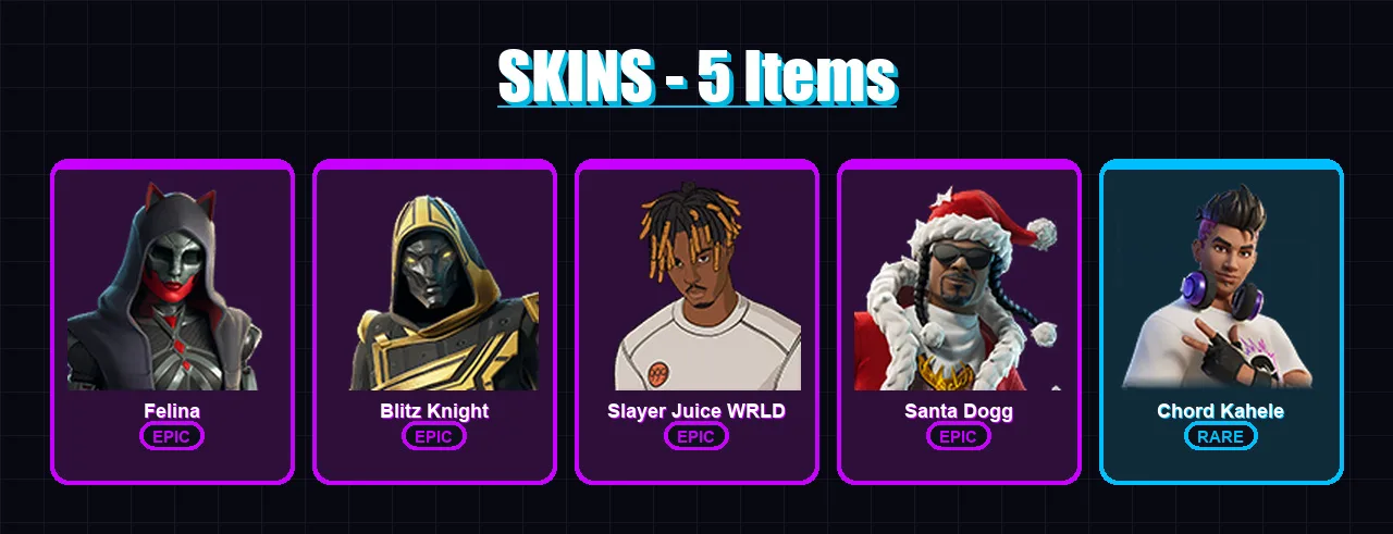 [PC/XBOX/PSN] | Felina | Blitz Knight | Slayer Juice WRLD | Santa Dogg | Chord Kahele | 5 skin | 32 pickaxe | 15 emote | 22 glider | Lv233