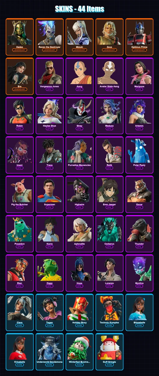 [PC/PSN] | Hades | Renzo the Destroyer | Mizuki | Zeus | Optimus Prime | 44 skin | 73 pickaxe | 48 emote | 62 glider | Lv757 — Fortnite account