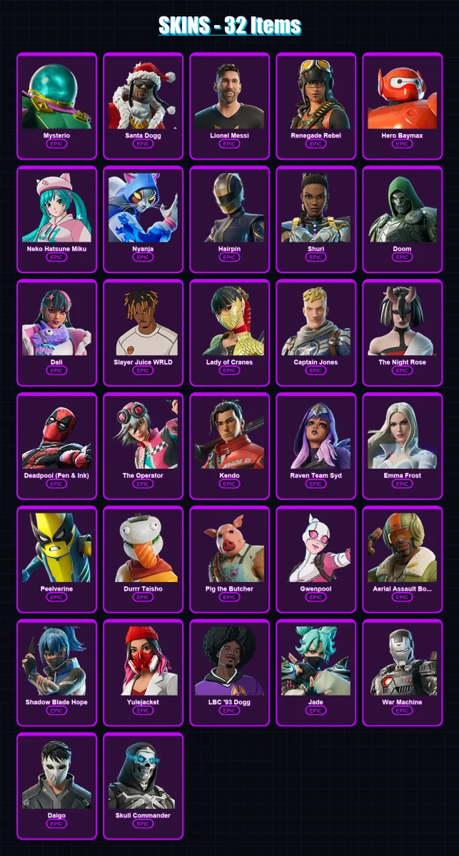 [PC/PSN] | Mysterio | Santa Dogg | Lionel Messi | Renegade Rebel | Hero Baymax | 32 skin | 45 pickaxe | 31 emote | 29 glider | Lv424