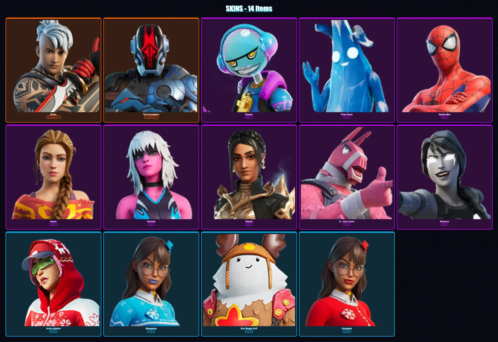 [PC/XBOX/PSN] | Ronin | The Foundation | Gumbo | Polar Peely | Spider-Man | 14 skin | 19 pickaxe | 18 emote | 26 glider | Lv414 — Fortnite account