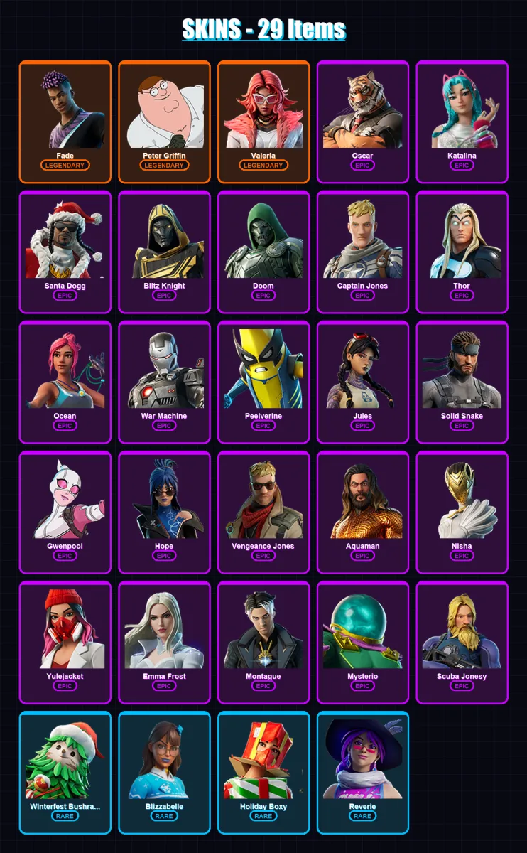 [PC/XBOX/PSN] | Fade | Peter Griffin | Valeria | Oscar | Katalina | 29 skin | 68 pickaxe | 50 emote | 56 glider | Lv803