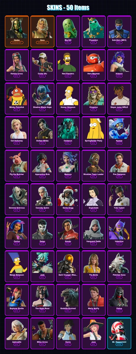 [PC/PSN] | Hades | Zeus | Big Dill | Poseidon | Sub-Zero (MK3) | 50 skin | 113 pickaxe | 66 emote | 72 glider | Lv1172