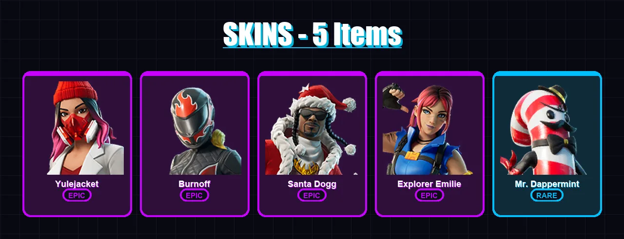 [PC/XBOX/PSN] | Yulejacket | Burnoff | Santa Dogg | Explorer Emilie | Mr. Dappermint | 5 skin | 22 pickaxe | 7 emote | 13 glider | Lv200