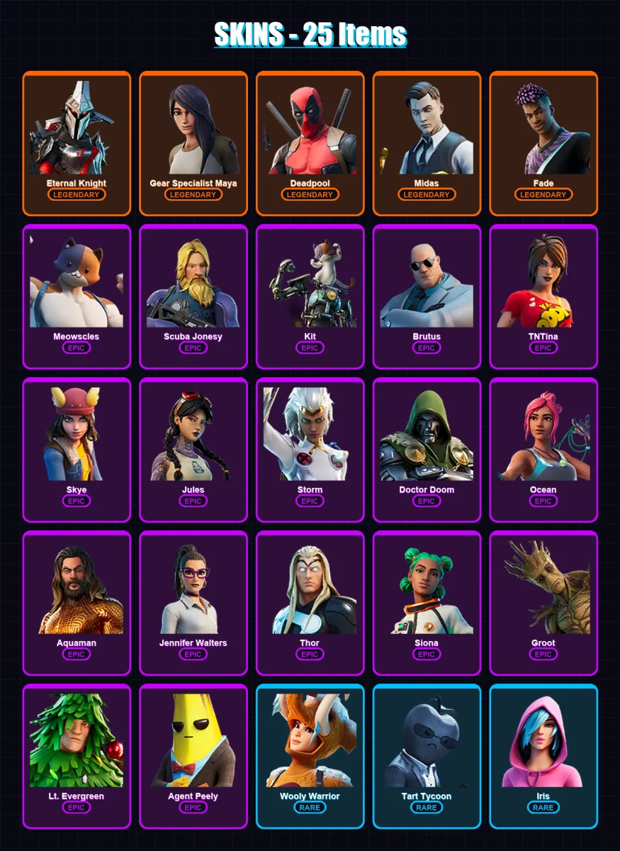 [PC/XBOX/PSN] | Eternal Knight | Gear Specialist Maya | Deadpool | Midas | Fade | 25 skin | 30 pickaxe | 23 emote | 37 glider | Lv412