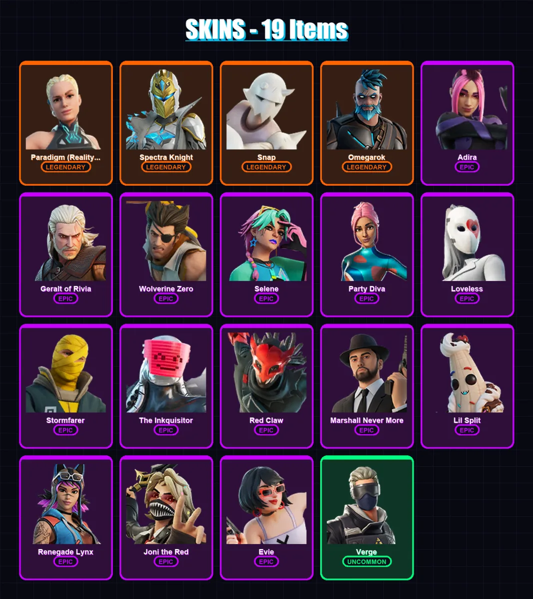 [PC/PSN] | Paradigm (Reality-659) | Spectra Knight | Snap | Omegarok | Adira | 19 skin | 22 pickaxe | 15 emote | 17 glider | Lv209
