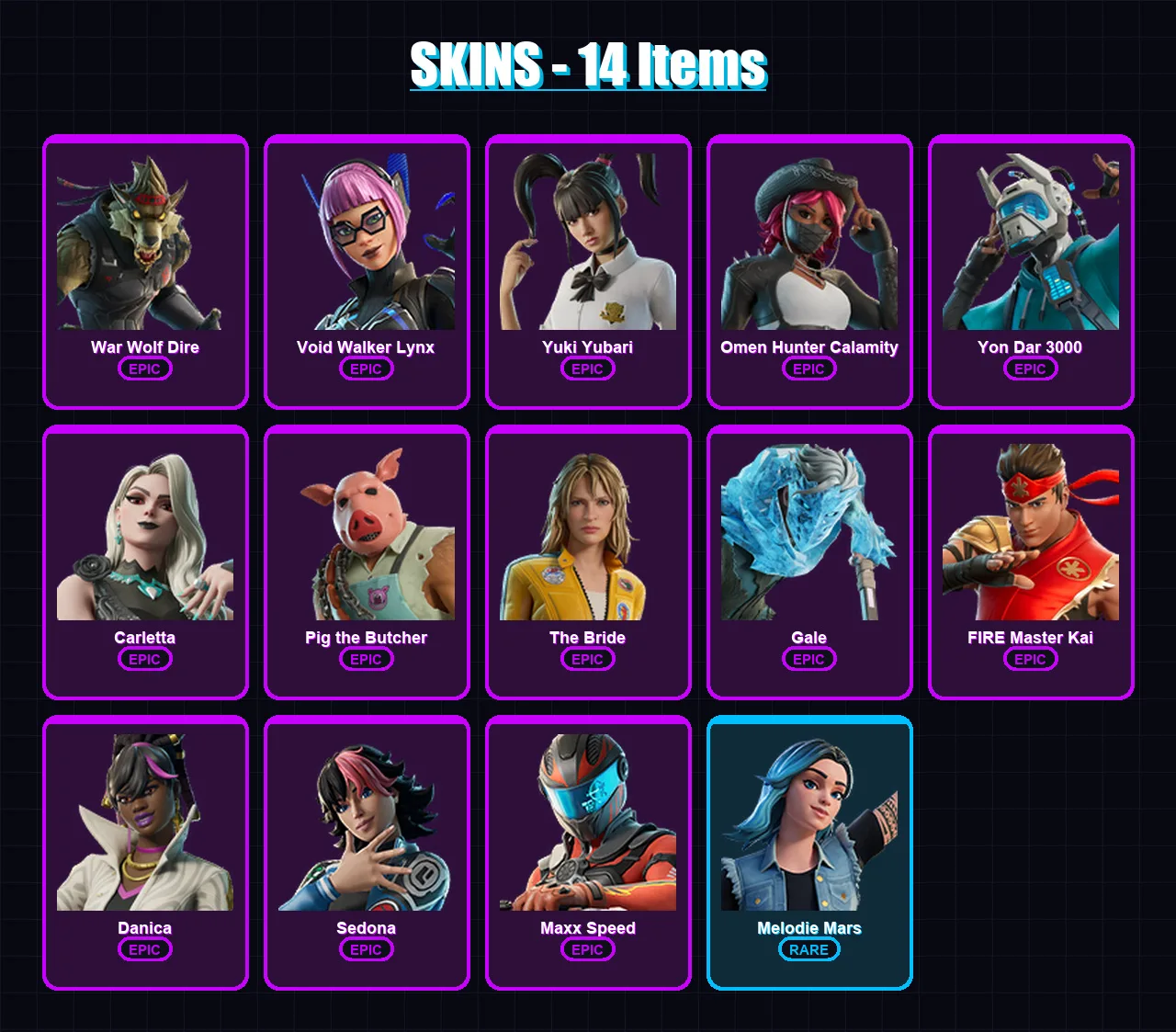 [PC/PSN] | War Wolf Dire | Void Walker Lynx | Yuki Yubari | Omen Hunter Calamity | Yon Dar 3000 | 14 skin | 20 pickaxe | 11 emote | 8 glider | Lv58