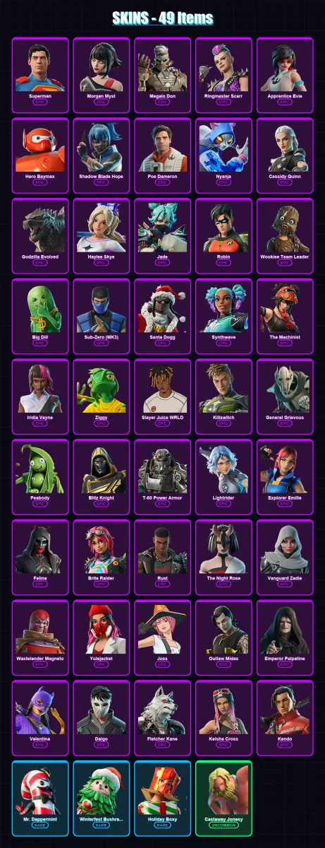 [PC/XBOX] | Superman | Morgan Myst | Megalo Don | Ringmaster Scarr | Apprentice Evie | 49 skin | 103 pickaxe | 64 emote | 73 glider | Lv1665