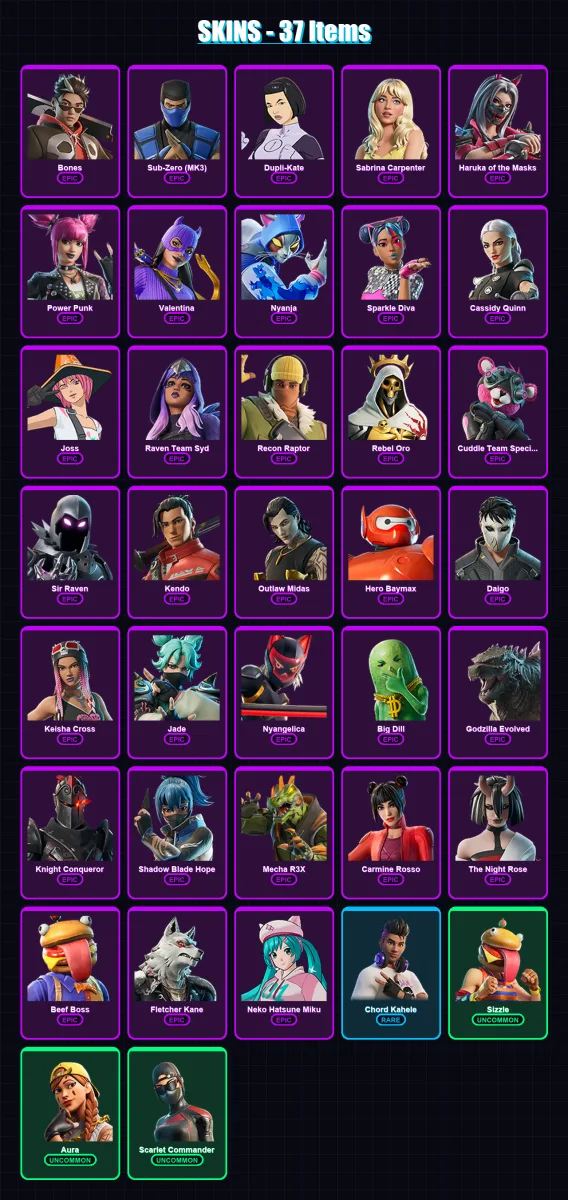 [PS4/PS5/PC] | Bones | Sub-Zero (MK3) | Dupli-Kate | Sabrina Carpenter | Haruka of the Masks | 37 skin | 37 pickaxe | 32 emote | 27 glider | Lv418