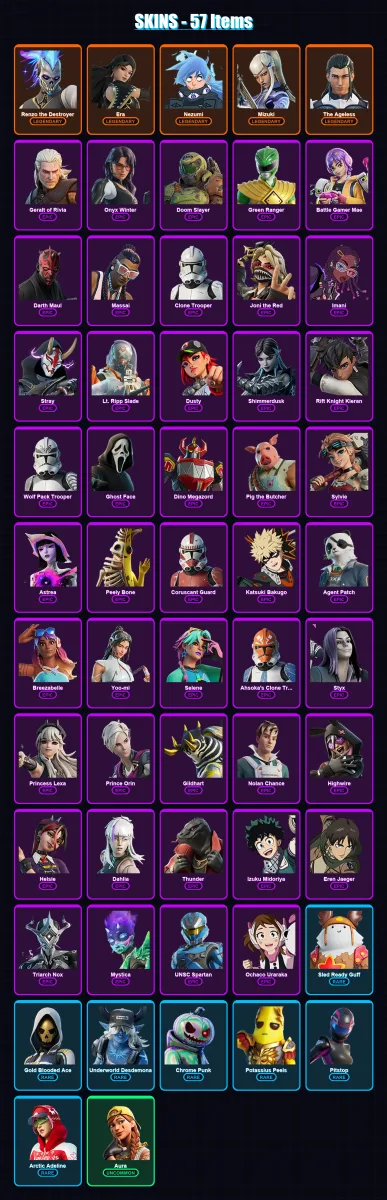 [PC/XBOX/PSN] | Renzo the Destroyer | Era | Nezumi | Mizuki | The Ageless | 57 skin | 63 pickaxe | 39 emote | 40 glider | Lv645