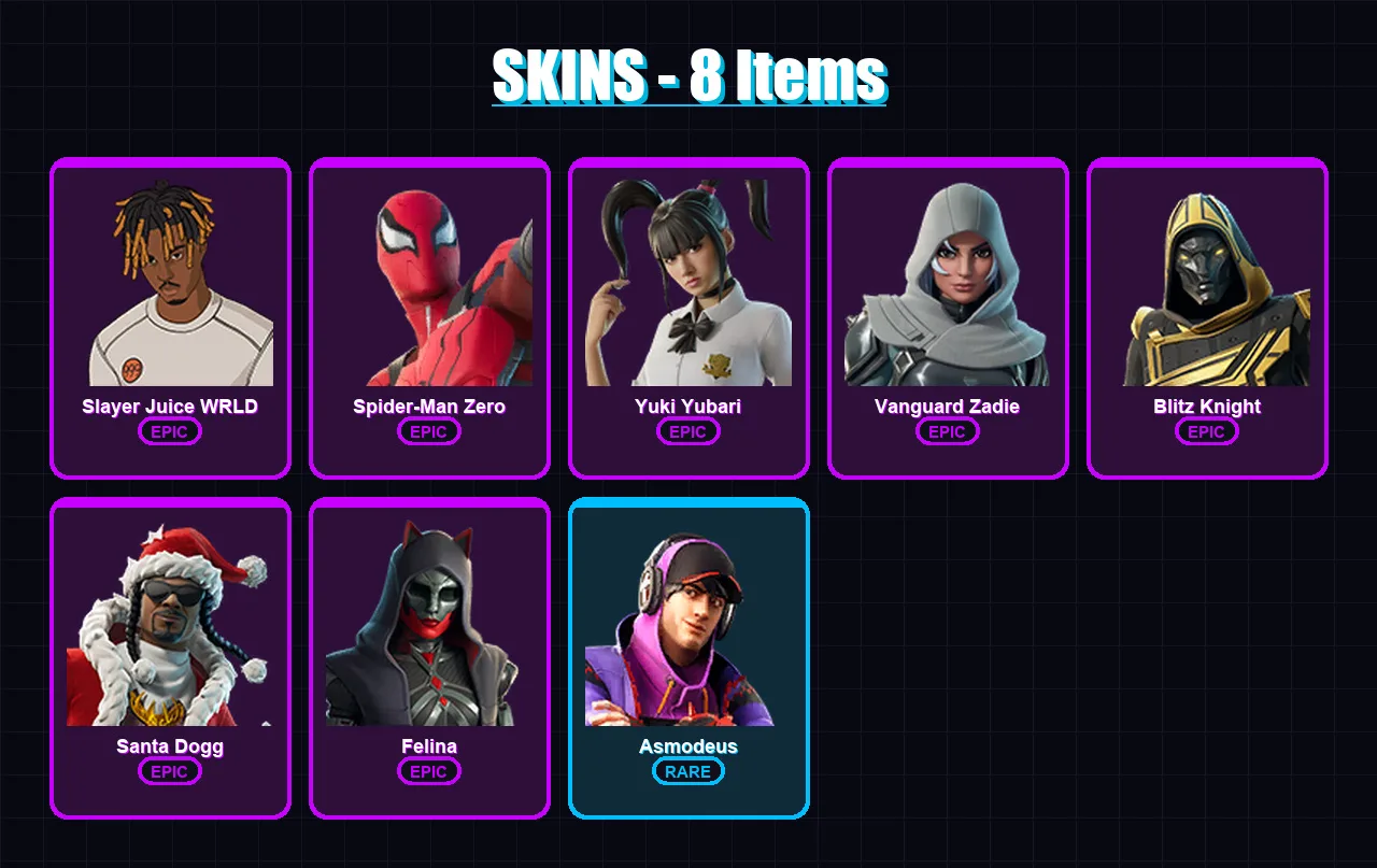 [PC] | Slayer Juice WRLD | Spider-Man Zero | Yuki Yubari | Vanguard Zadie | Blitz Knight | 8 skin | 59 pickaxe | 25 emote | 38 glider | Lv733
