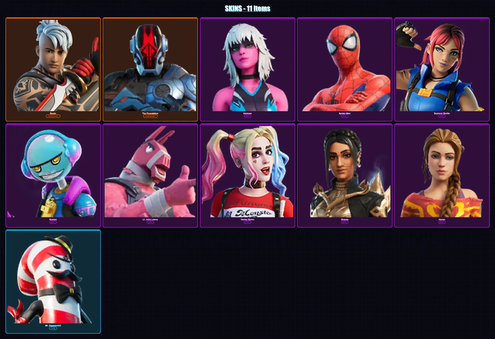 [PC/XBOX/PSN] | Ronin | The Foundation | Harlowe | Spider-Man | Explorer Emilie | 11 skin | 12 pickaxe | 11 emote | 9 glider | Lv167