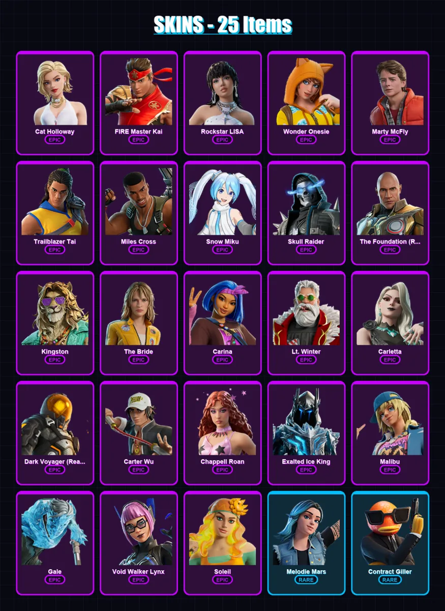 [PC/PSN] | Cat Holloway | FIRE Master Kai | Rockstar LISA | Wonder Onesie | Marty McFly | 25 skin | 29 pickaxe | 21 emote | 20 glider | Lv157