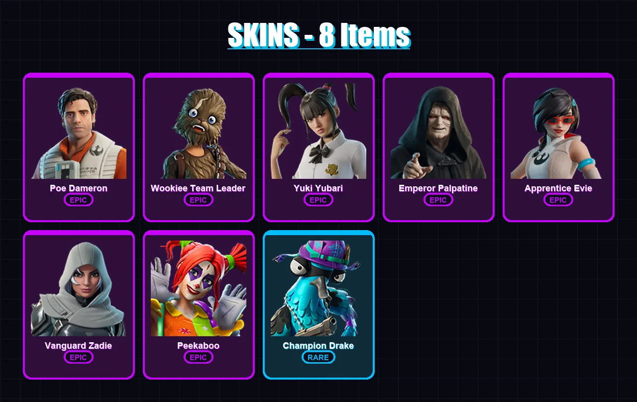 [PC/XBOX/PSN] | Poe Dameron | Wookiee Team Leader | Yuki Yubari | 8 skin | Lv196