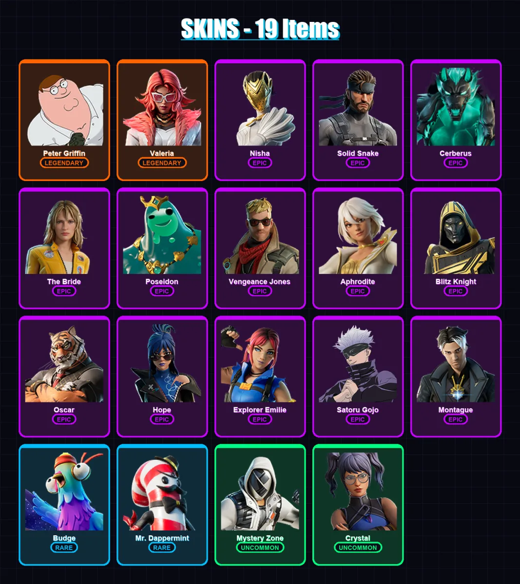[PC/PSN] | Peter Griffin | Valeria | Nisha | Solid Snake | Cerberus | 19 skin | 32 pickaxe | 28 emote | 21 glider | Lv274