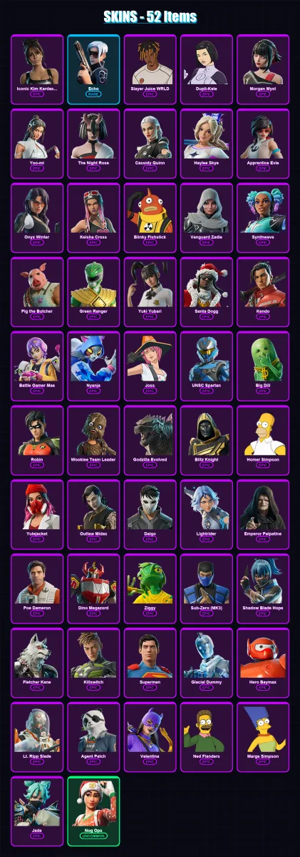 [PC/XBOX/PSN] | Iconic Kim Kardashian | Echo | Slayer Juice WRLD | Dupli-Kate | Morgan Myst | 52 skin | 98 pickaxe | 66 emote | 67 glider | Lv1663