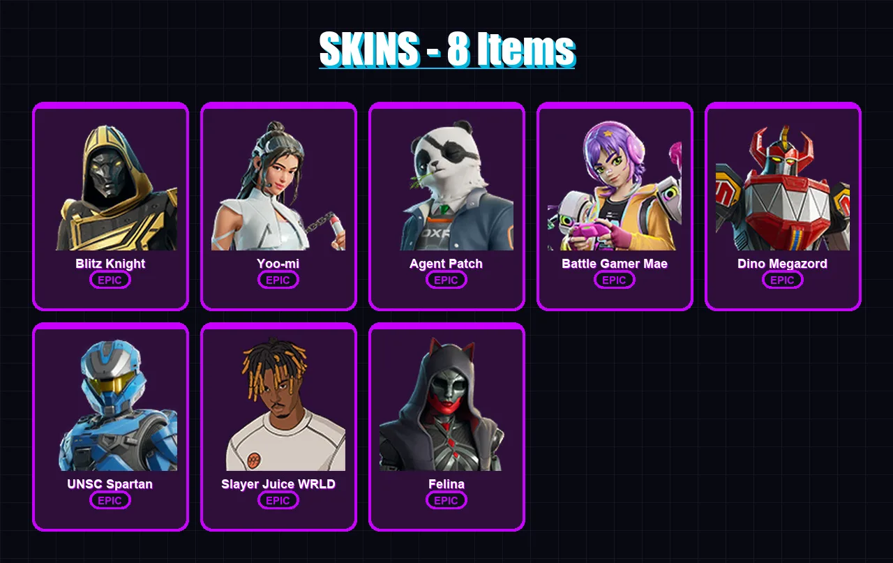 [PC/XBOX/PSN] | Blitz Knight | Yoo-mi | Agent Patch | Battle Gamer Mae | Dino Megazord | 8 skin | 52 pickaxe | 18 emote | 31 glider | Lv608