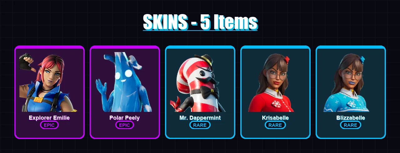[PC/XBOX/PSN] | Explorer Emilie | Polar Peely | Mr. Dappermint | Krisabelle | Blizzabelle | 5 skin | 8 pickaxe | 9 emote | 10 glider | Lv99