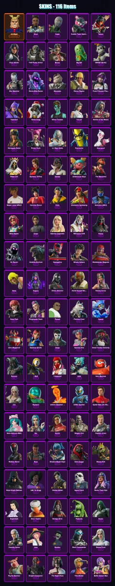 [PC/XBOX] | All Might | Shuri | Caper | Cuddle Team Specialist | Tatsuo | 116 skin | 132 pickaxe | 92 emote | 78 glider | Lv1628