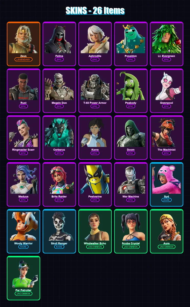 [PC/XBOX/PSN] | Zeus | Felina | Aphrodite | Poseidon | Lt. Evergreen | 26 skin | 49 pickaxe | 40 emote | 44 glider | Lv557
