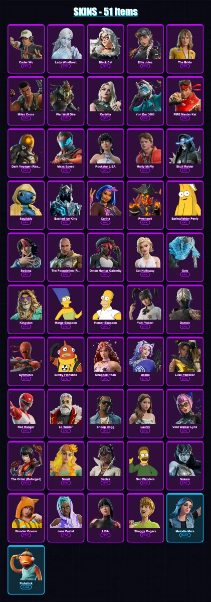 [PC/XBOX/PSN] | Carter Wu | Lady Windfrost | Black Cat | Elite Jules | The Bride | 51 skin | 66 pickaxe | 42 emote | 36 glider | Lv362