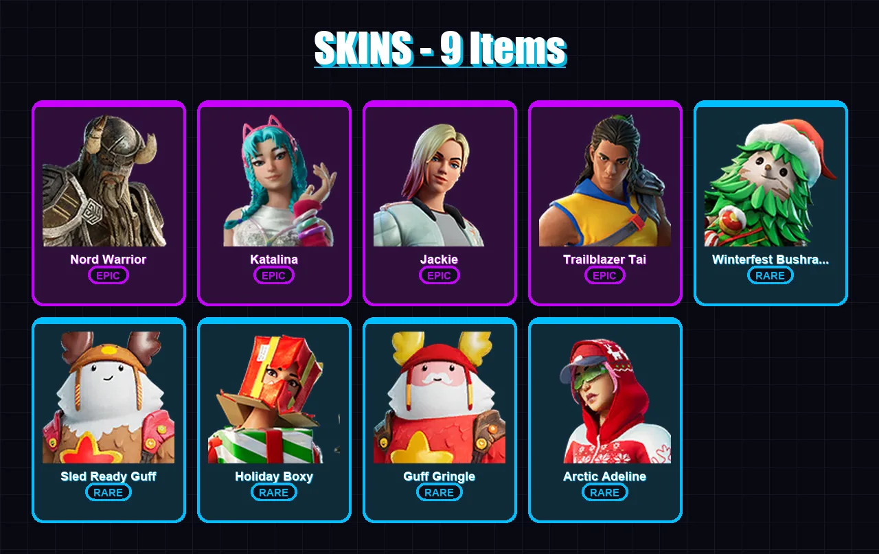 [PC/XBOX/PSN] | Nord Warrior | Katalina | Jackie | Trailblazer Tai | Winterfest Bushranger | 9 skin | 18 pickaxe | 17 emote | 21 glider | Lv375